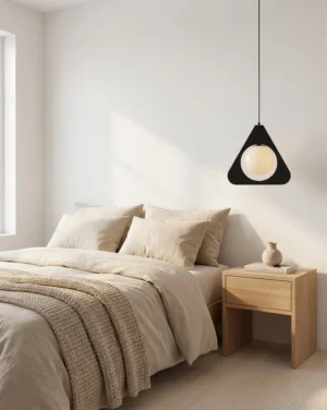 Triora mid-century pendant light installed above wooden nightstand in modern Nordic bedroom, soft warm light glow