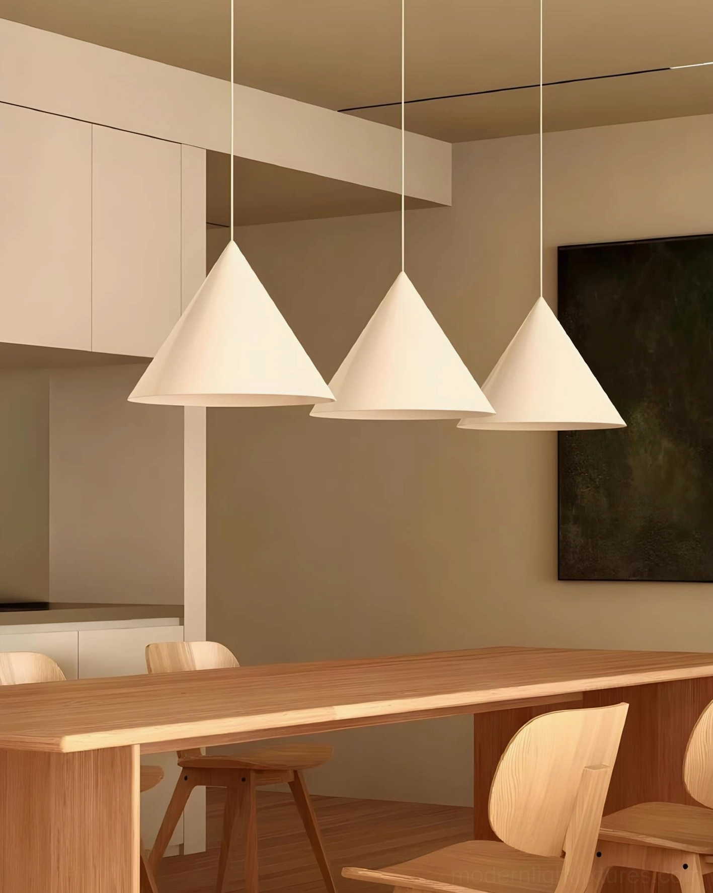 Three white cone pendant lights clustered in open kitchen dining space, warm modern minimalist