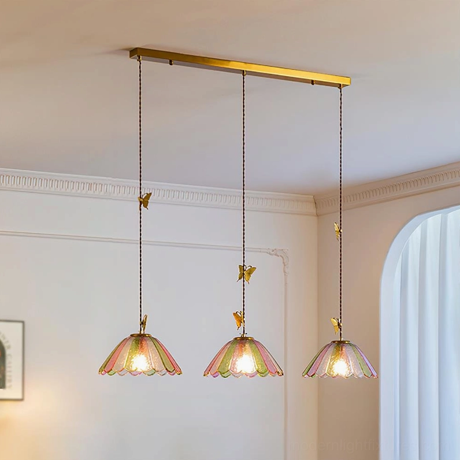 Triple head butterfly pendant light configuration, 110cm length, gold and colorful glass shade