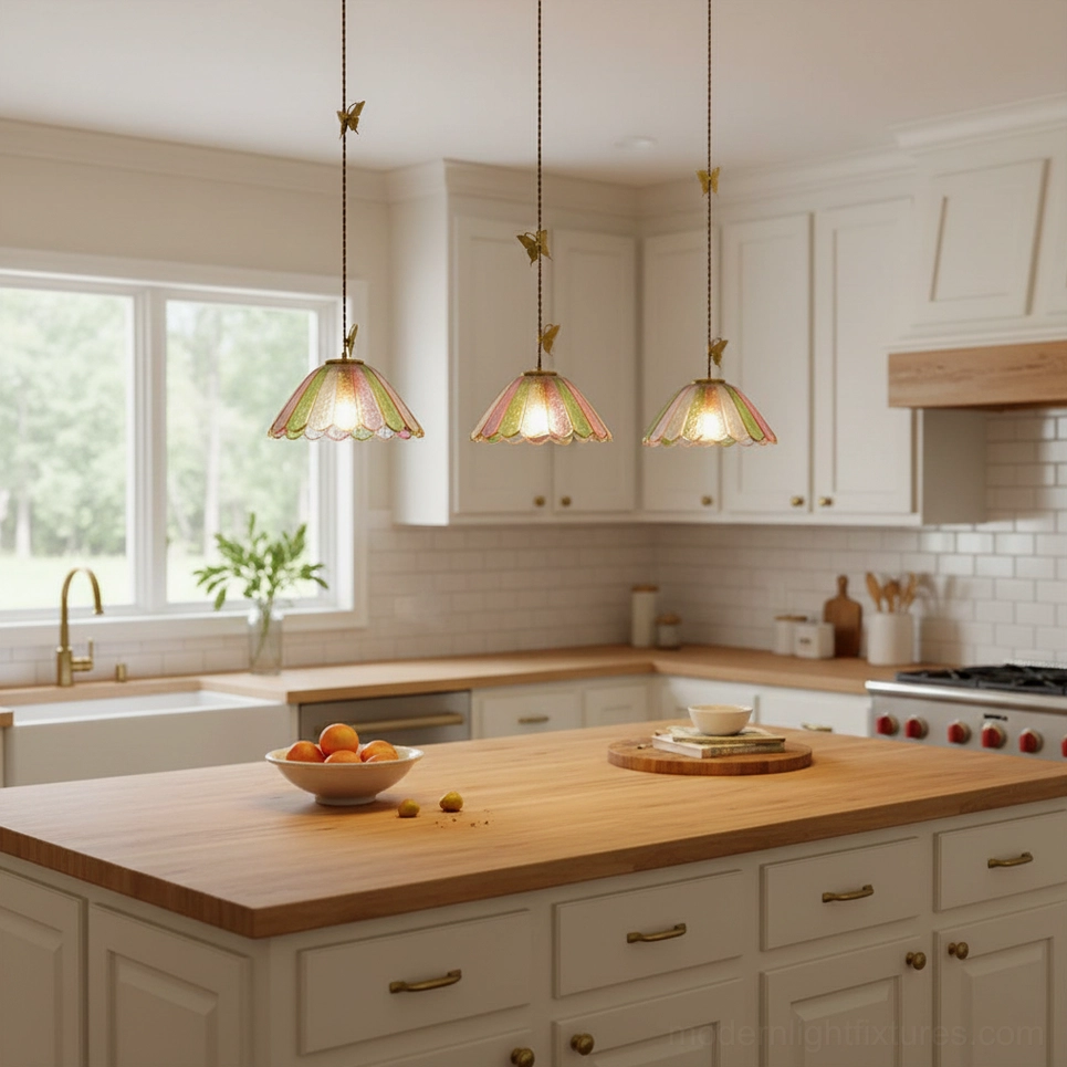 Triple head butterfly pendant light configuration in minimalist white cottage kitchen