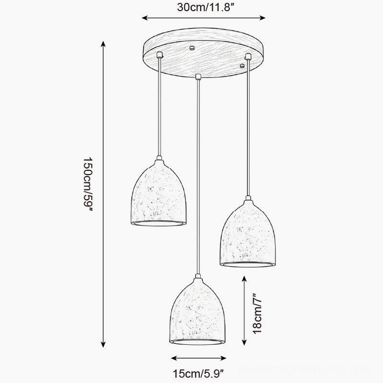 Technical orthographic drawing of three-head linear travertine pendant arrangement with 150cm suspension length
