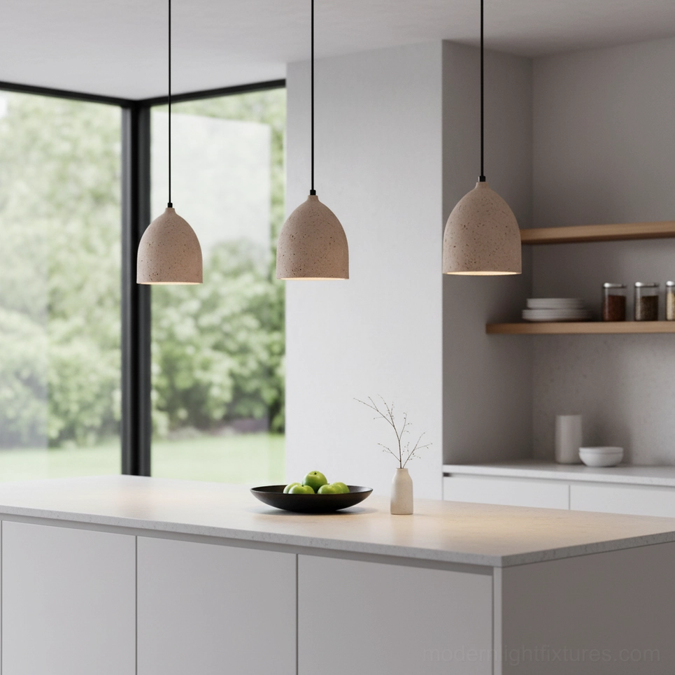 Three-head travertine pendant light cluster hanging over modern kitchen island with natural lighting