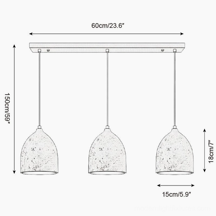 Technical line drawing of three-head triangular volcanic pendant configuration with 60cm ceiling bar