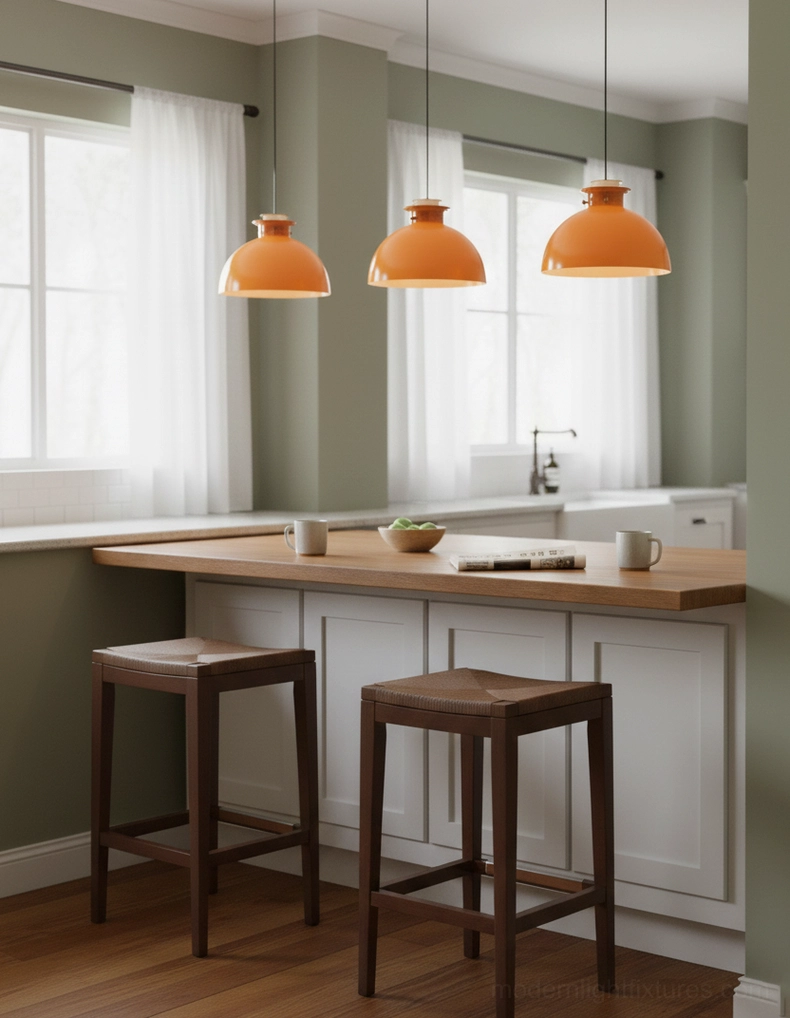 Three orange dome pendant lights above modern farmhouse kitchen island with green walls