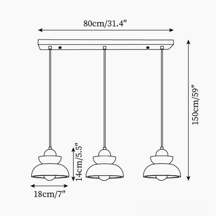 Technical diagram triple travertine pendant configuration 80cm bar 150cm total height