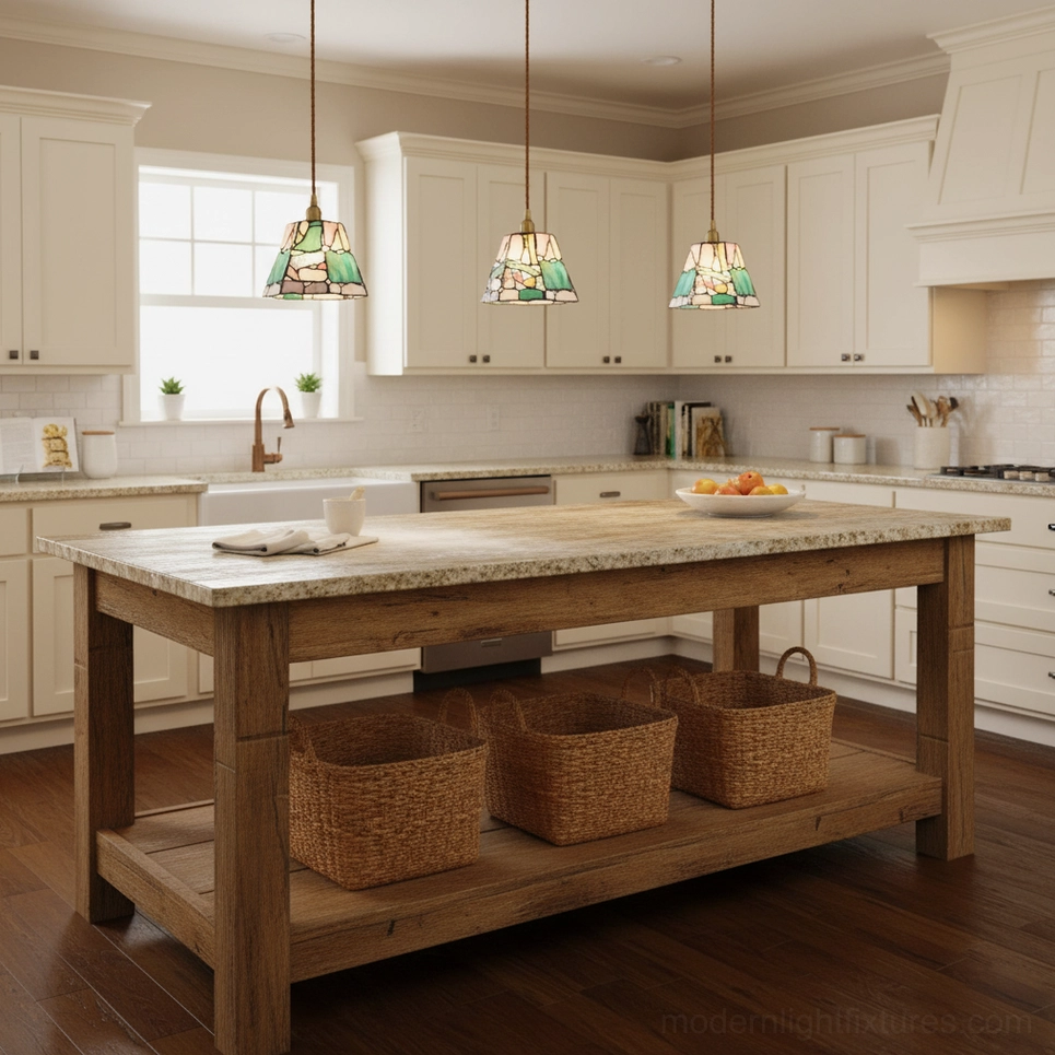 Triple stained glass pendant fixtures over kitchen island in bright modern white kitchen, green-toned glass shades ambient lighting