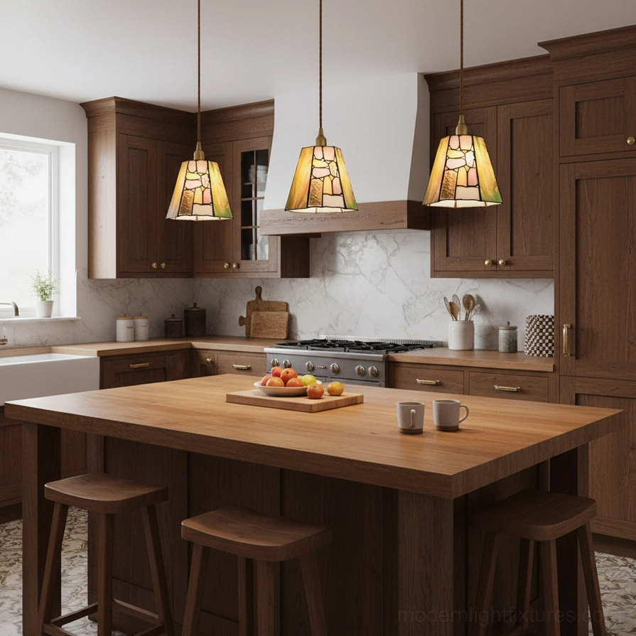 Triple stained glass pendant lights over kitchen island in dark wood traditional kitchen, amber glass shades overhead lighting