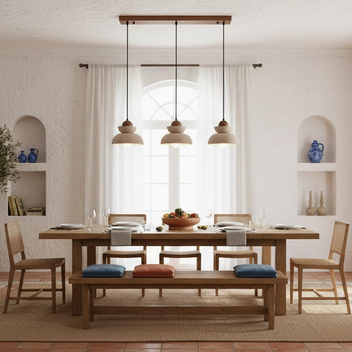 Triple travertine pendant light set hung above wooden dining table in rustic modern dining room