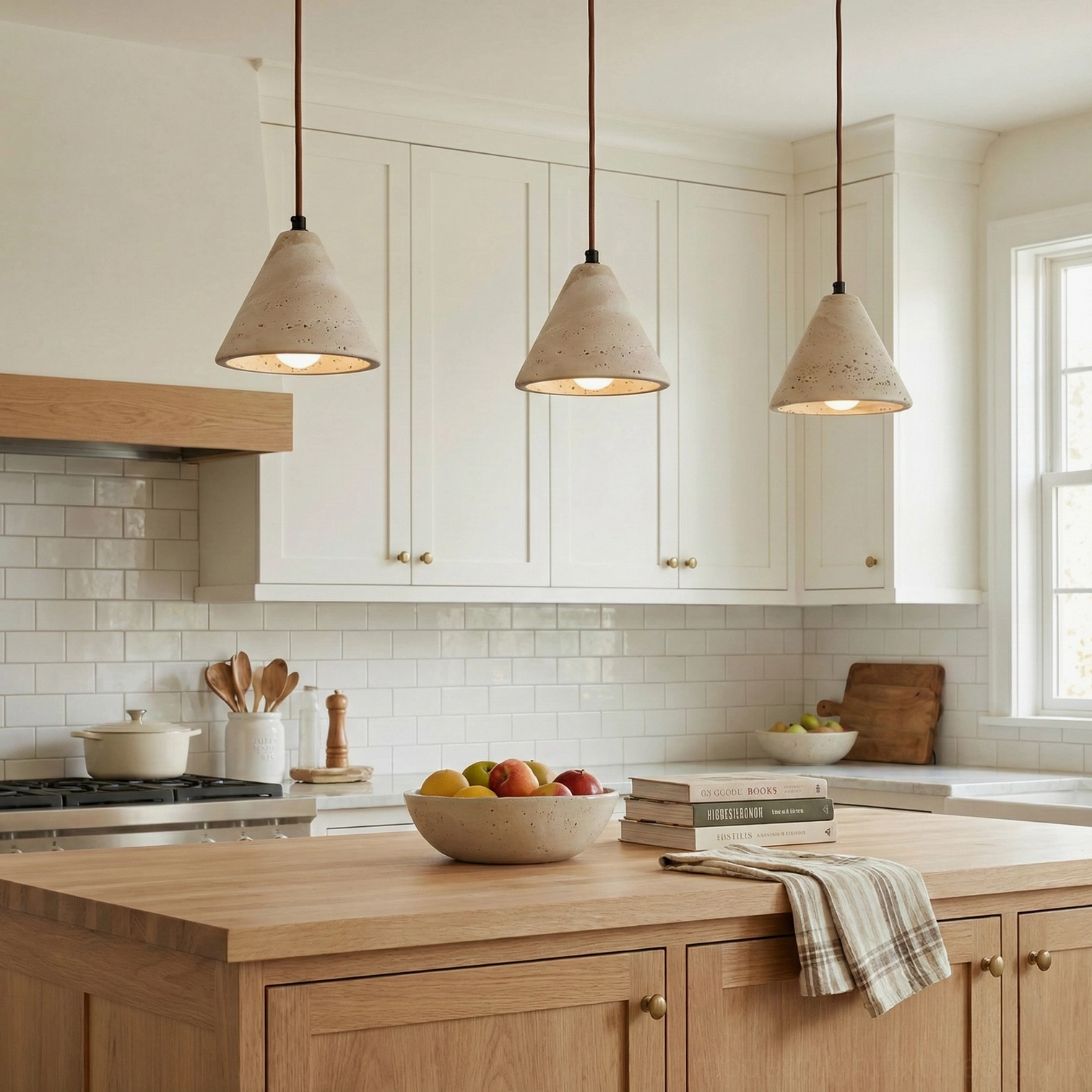 Three travertine conical pendant lights clustered above wooden kitchen countertop in rustic minimalist home interior