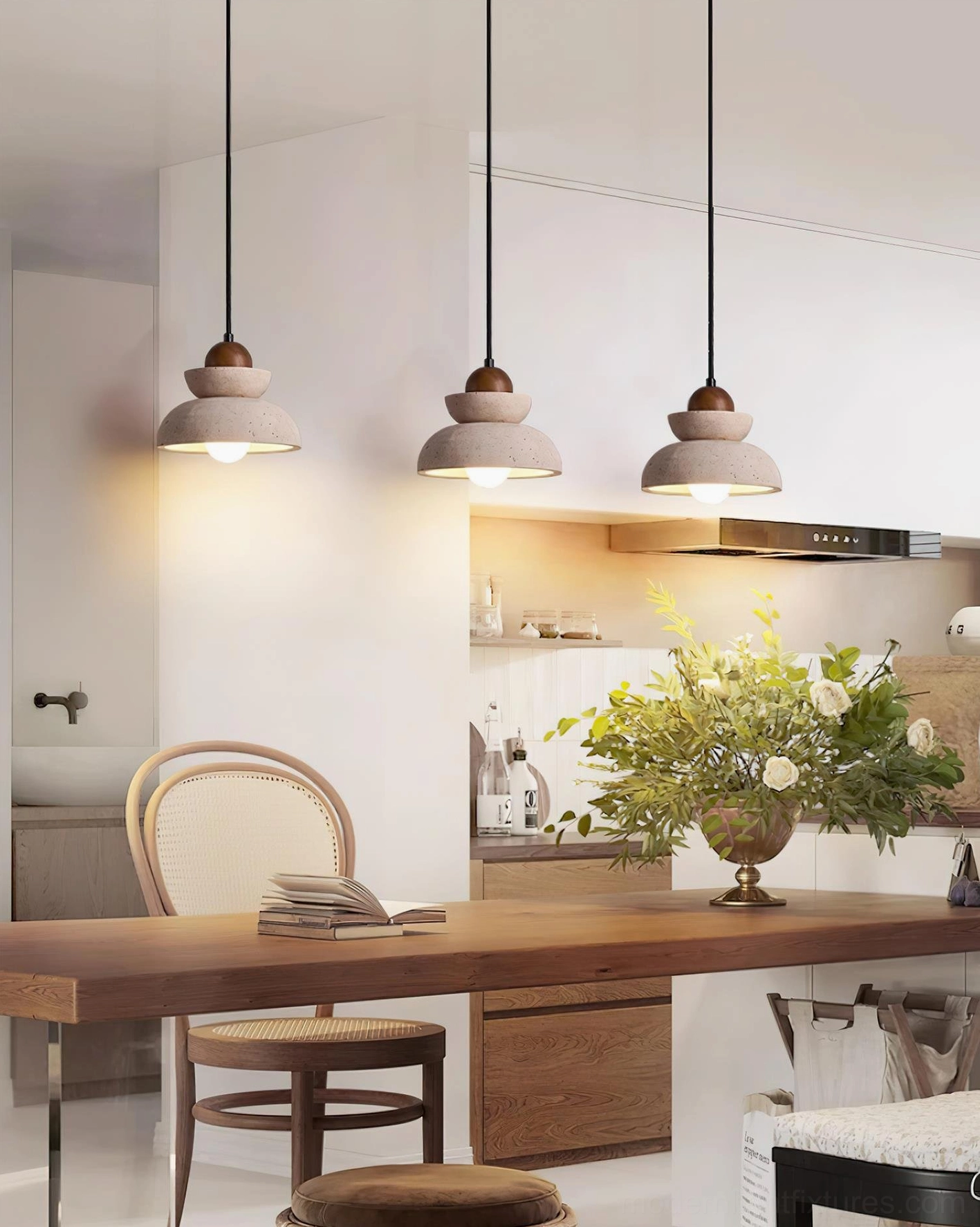 Triple travertine pendant set walnut color beige natural stone modern lighting