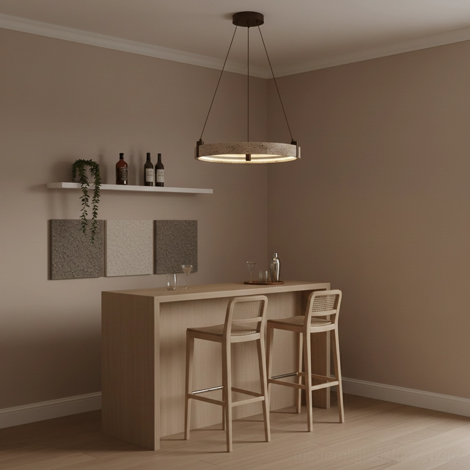 Eclora travertine ring chandelier three-tier cascade overhead view