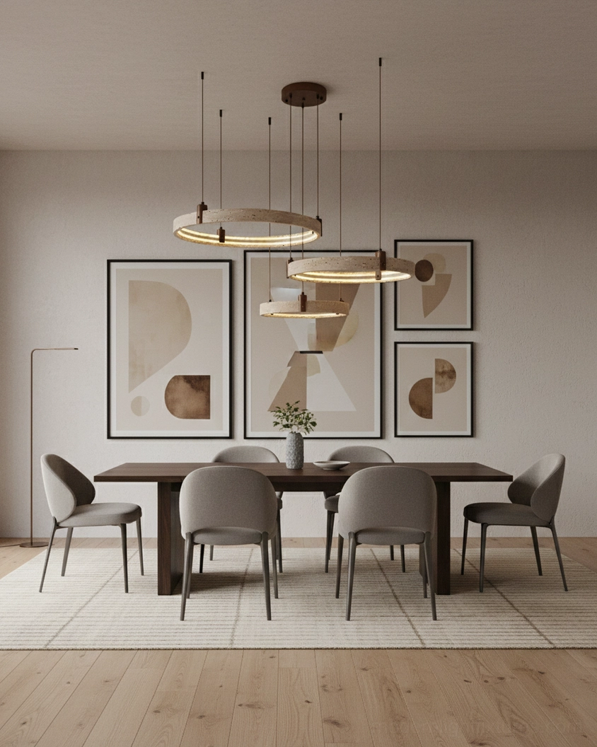 Eclora travertine ring pendant light triple cascade configuration showcase