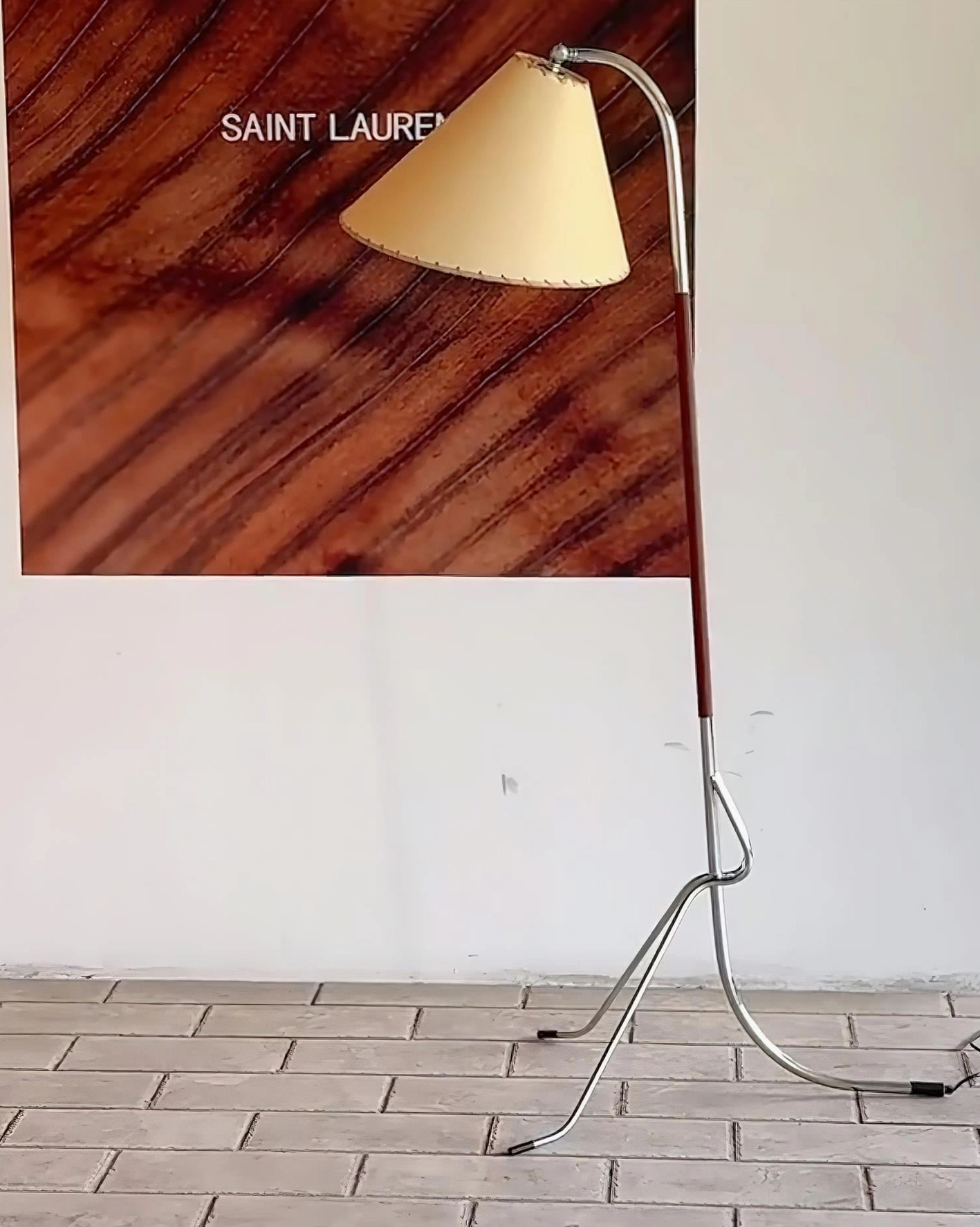 Tripod floor lamp color and finish options displayed showing chrome metal, walnut wood, and white finish variations for different interior design styles