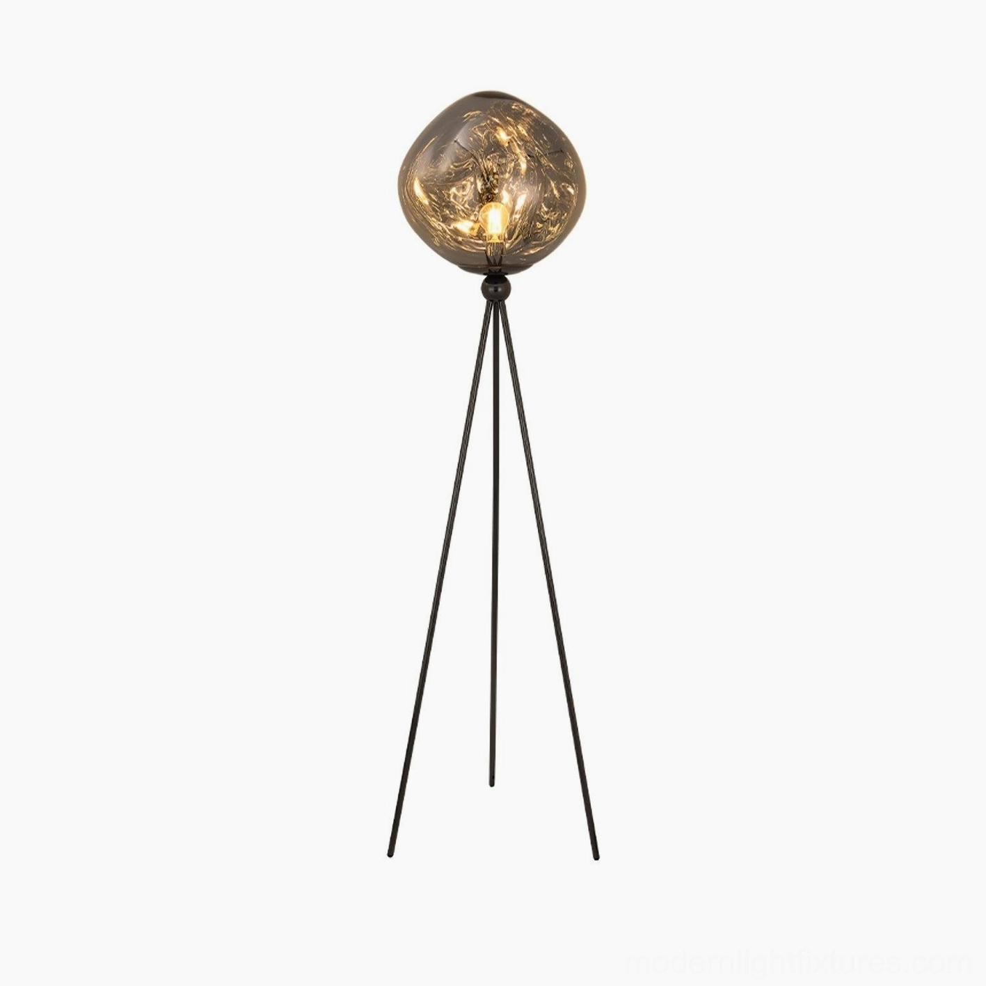 Contemporary tripod floor lamp with molten glass shade and black or gold metal frame options shown