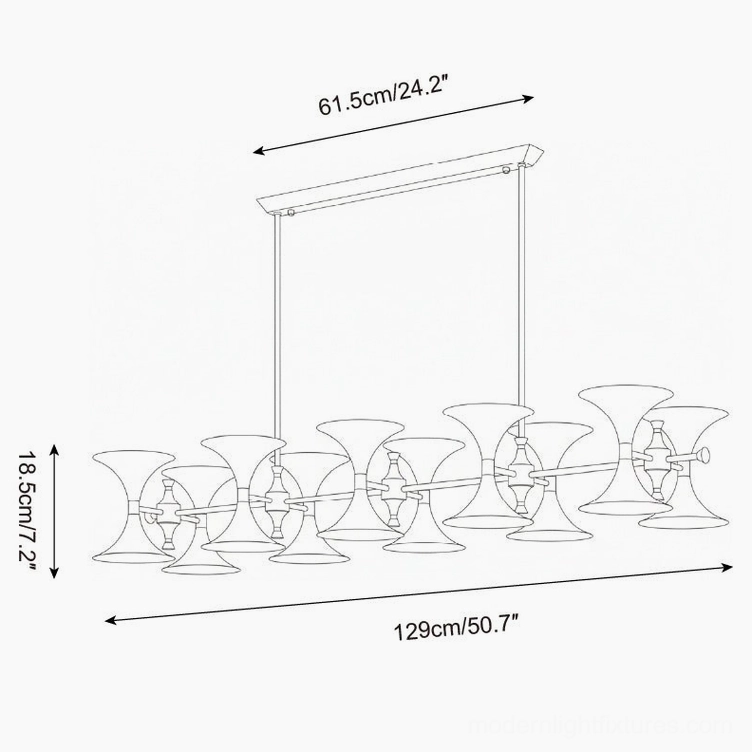 Tromelle 10-head linear chandelier schematic diagram with 129cm length x 18.5cm height dimensions
