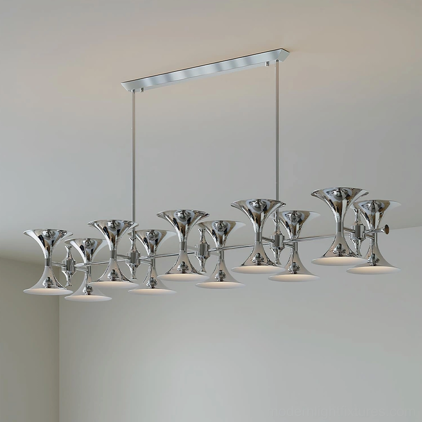 Tromelle 10-head chrome chandelier overhead front view with polished metal disc shades in studio lighting