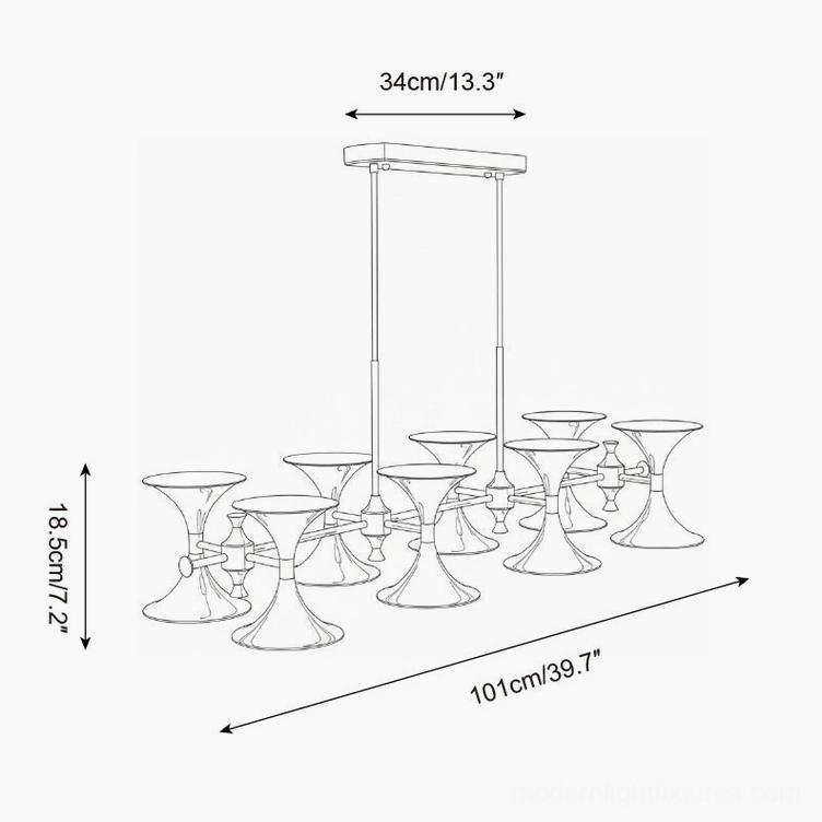 Tromelle 8-head chandelier technical drawing with dimensions 101cm length x 18.5cm height specifications