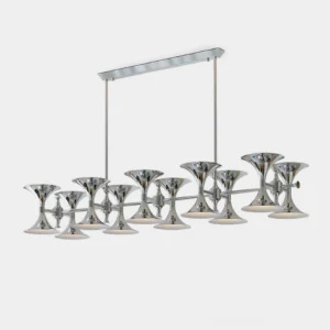 Tromelle linear chrome chandelier front view with polished metal trumpet-shaped shades, modern pendant light fixture