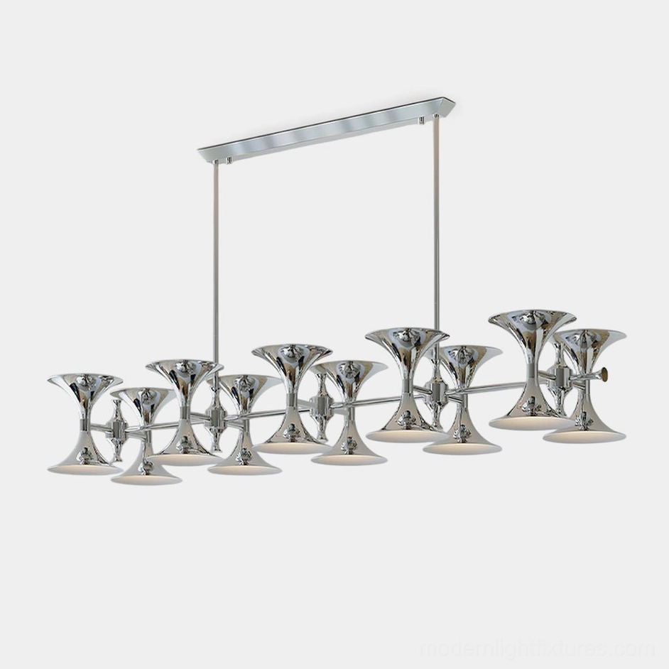 Tromelle linear chrome chandelier front view with polished metal trumpet-shaped shades, modern pendant light fixture