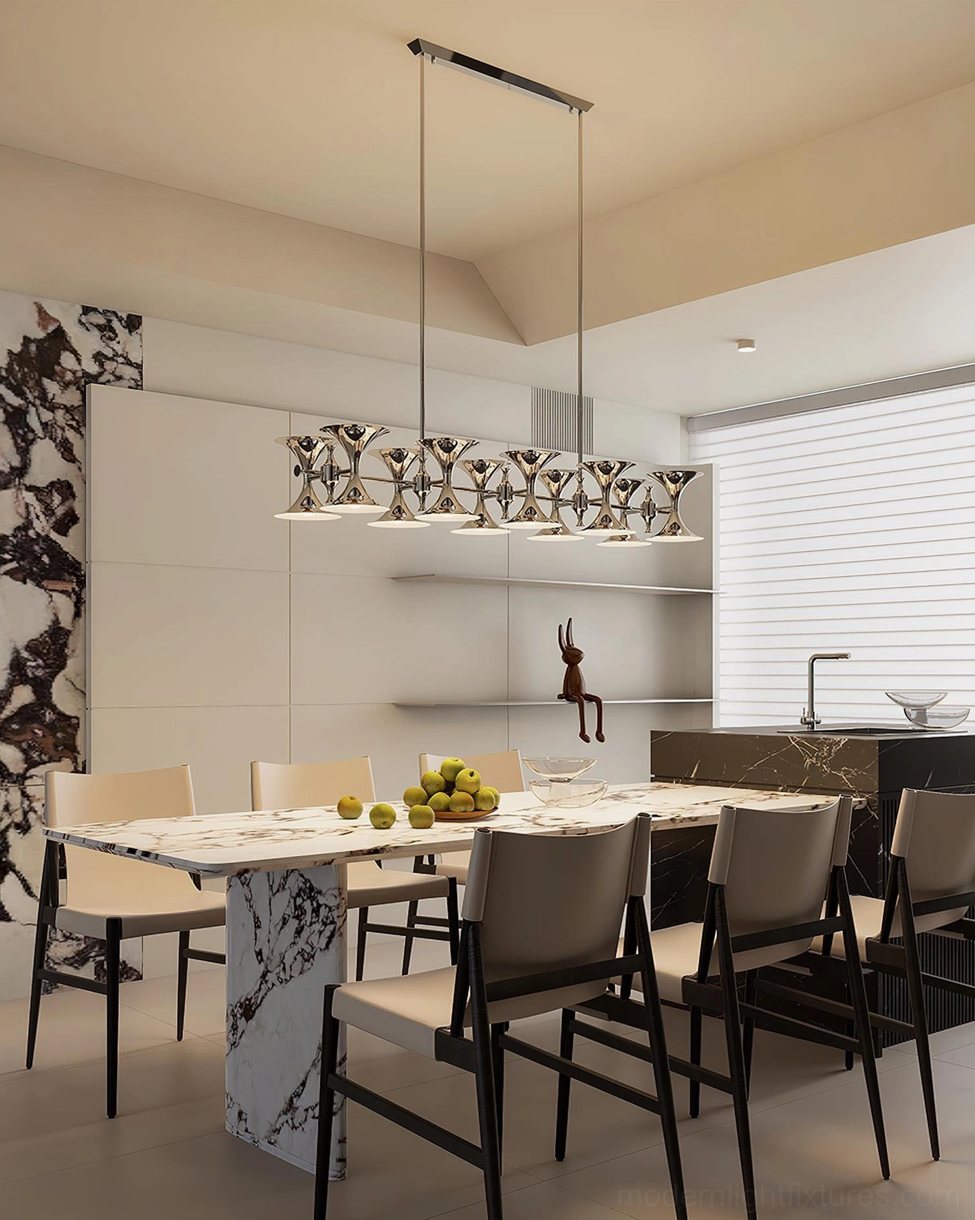 Contemporary linear chandelier with polished chrome finish installed in open kitchen-dining space