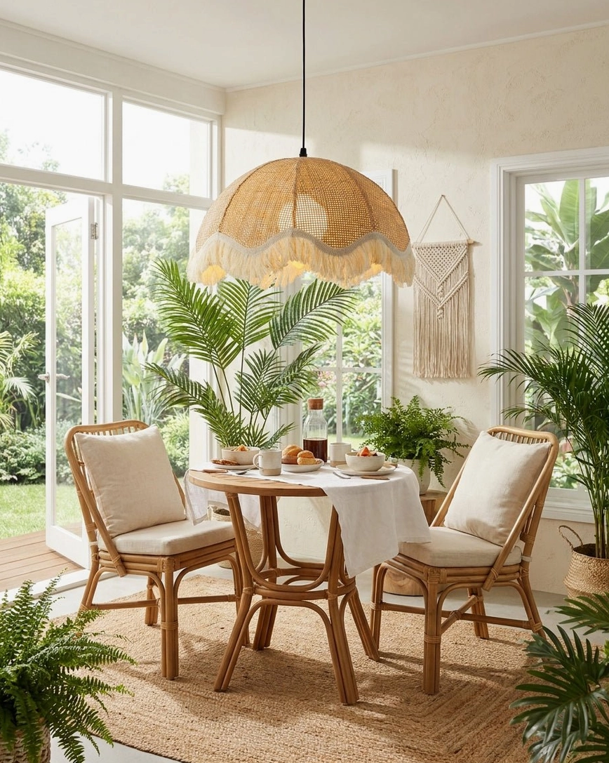 Boho woven rattan pendant light in tropical outdoor dining patio, sunlit pendant fixture with natural weave