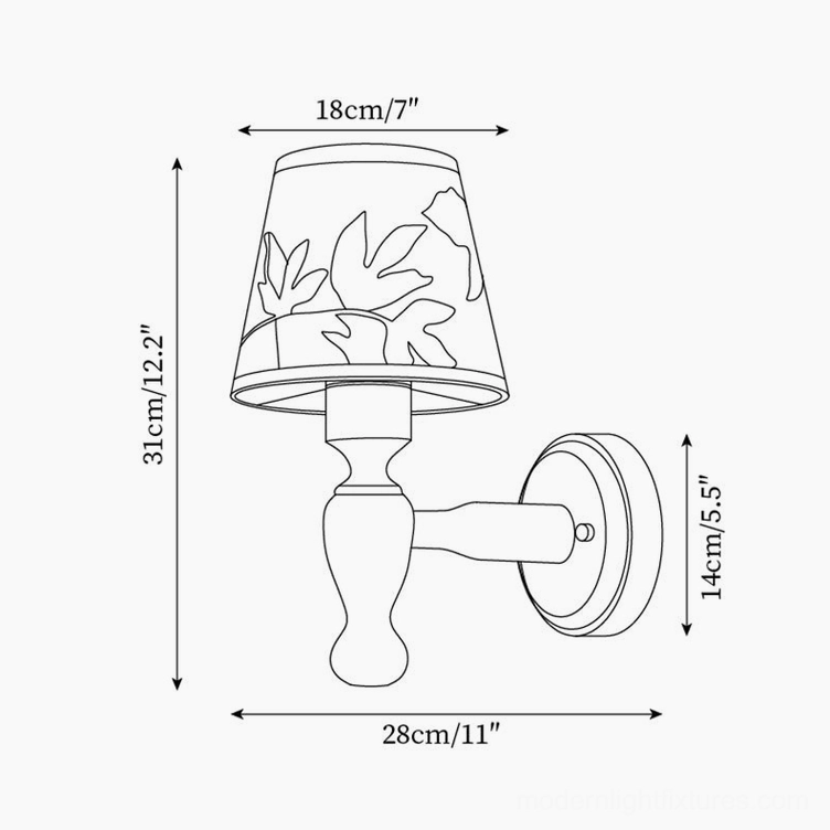 Tropical leaf printed fabric shade wall lamp, botanical design schematic
