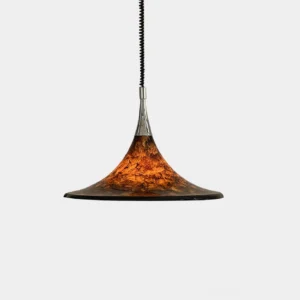 Mid-century modern trumpet pendant light with marbled amber shade and chrome hardware, front studio view