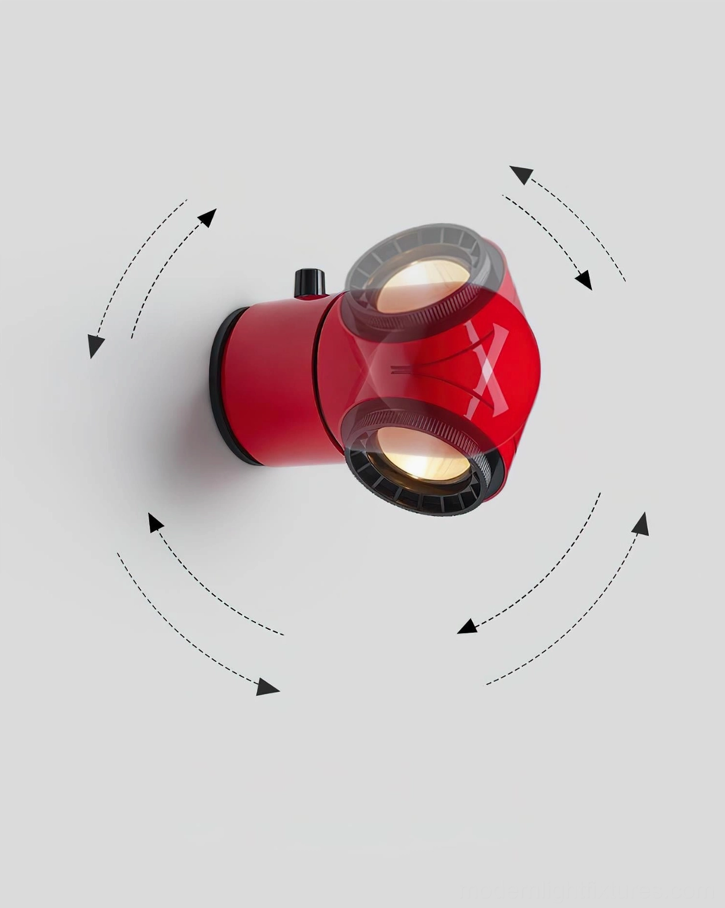 Adjustable tubular wall sconce showing 360-degree swivel head rotation range