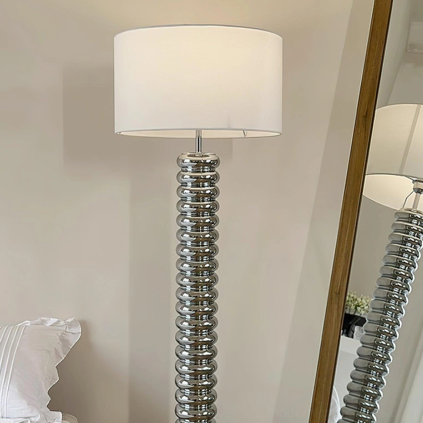 Tula Twist modern floor lamp color variants comparison showing walnut, natural wood, chrome, and white finish options
