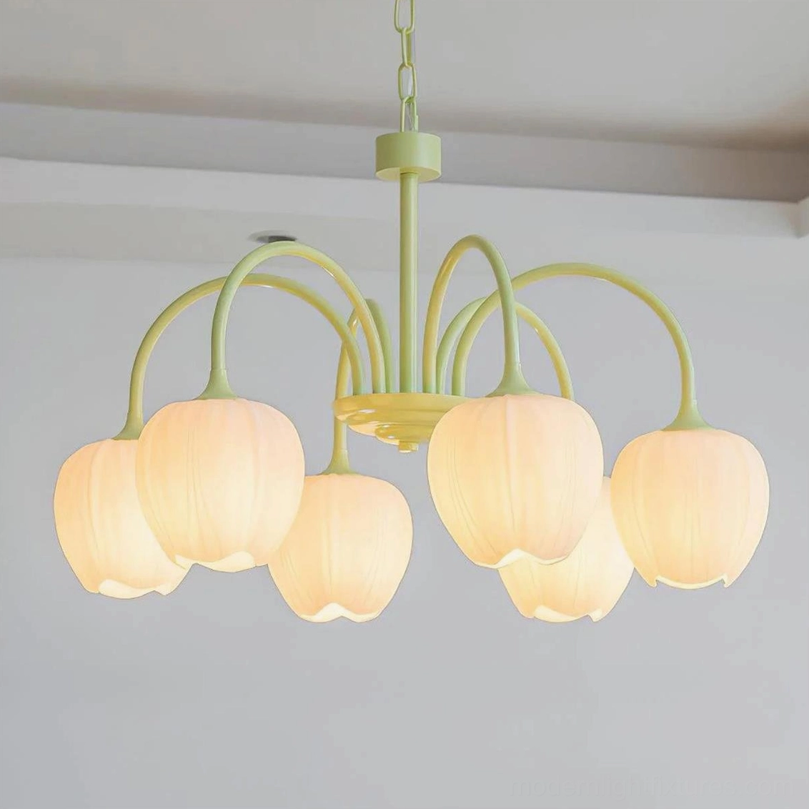 Matcha green tulip pendant light with white glass 6-head configuration for medium dining areas