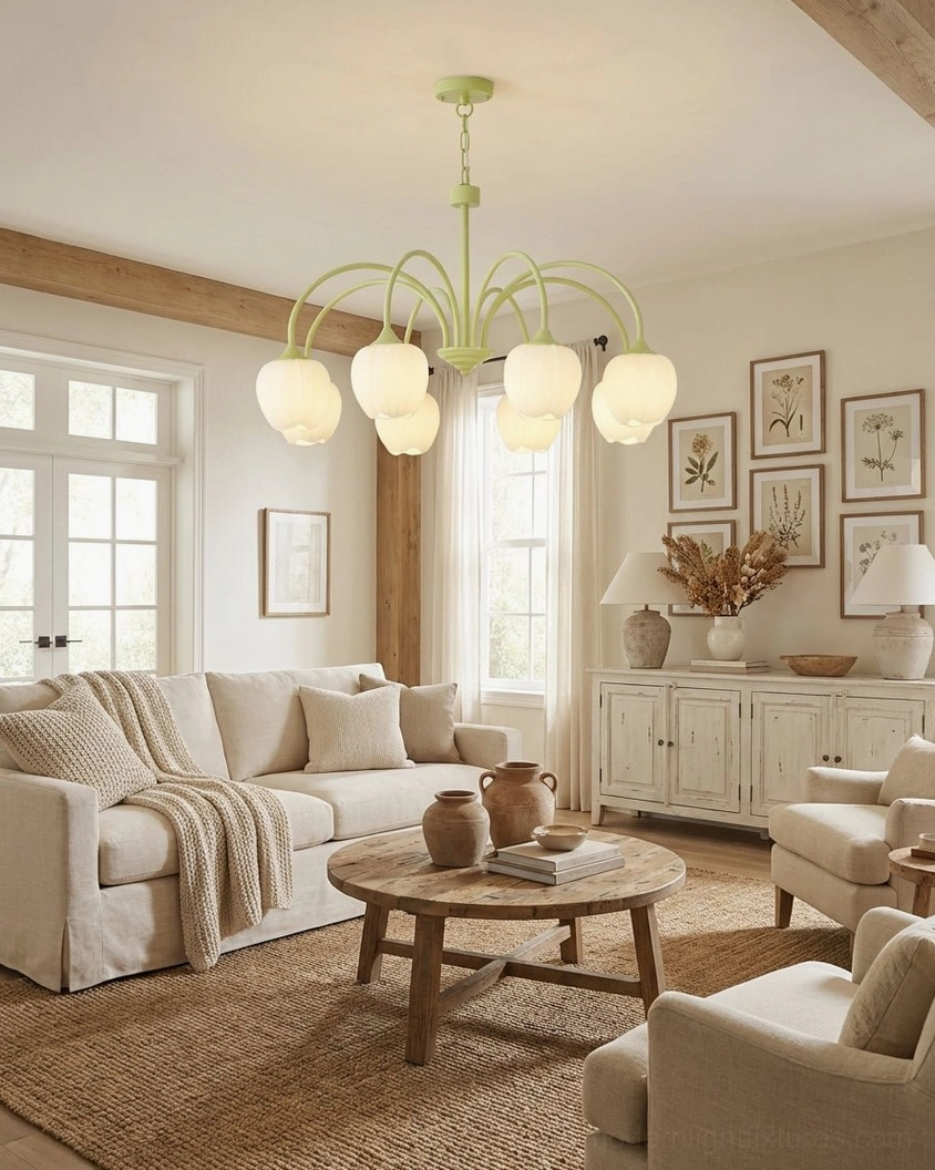 Matcha green tulip chandelier multiple head configuration showcasing botanical flower design