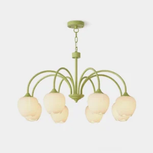 Tulip botanical chandelier with matcha green metal frame and white fluted glass shades - overhead studio view