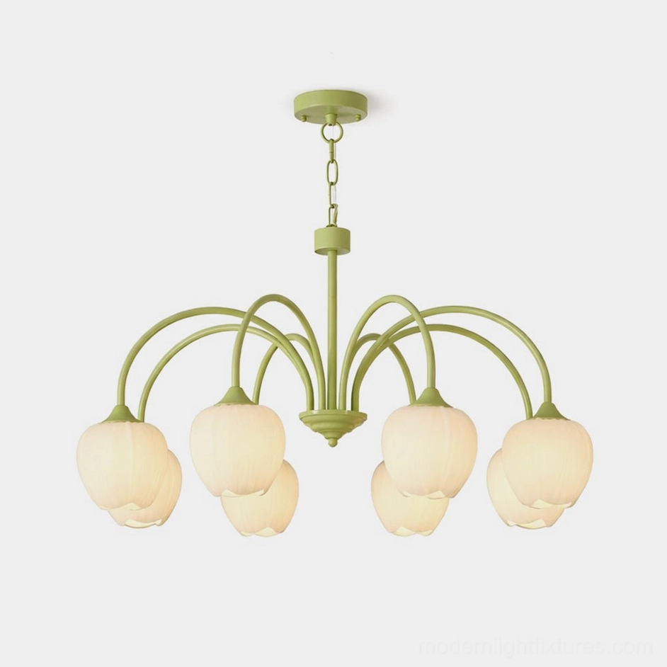 Tulip botanical chandelier with matcha green metal frame and white fluted glass shades - overhead studio view