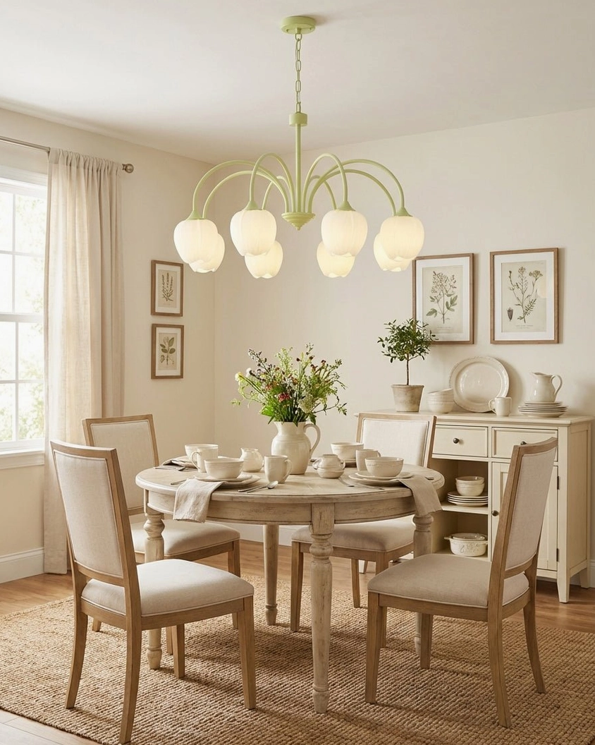Tulip glass chandelier in bright dining space with green metal frame and rustic furniture