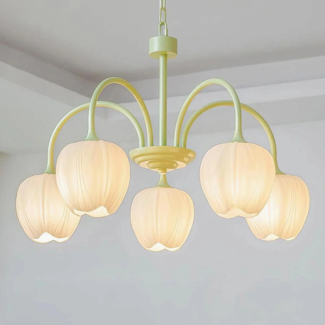Cream white tulip pendant light 5-head size ideal for smaller dining spaces and bedrooms