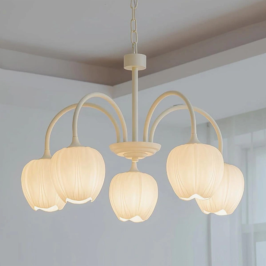 Tulip botanical chandelier 5-head configuration in matcha green with white glass shades