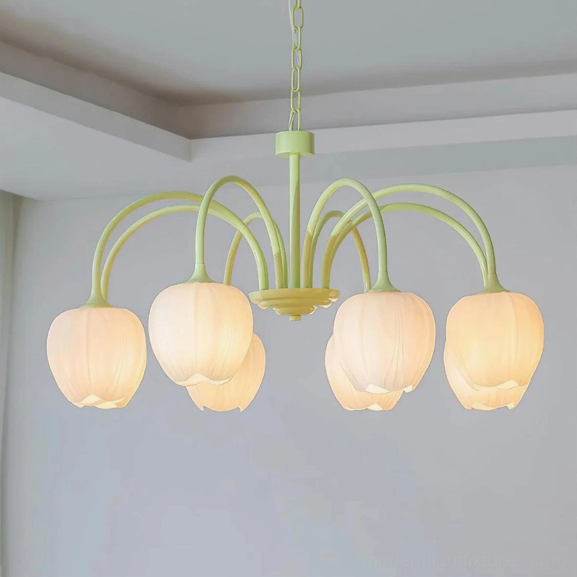 Matcha green tulip botanical chandelier 8-head large configuration for spacious dining rooms
