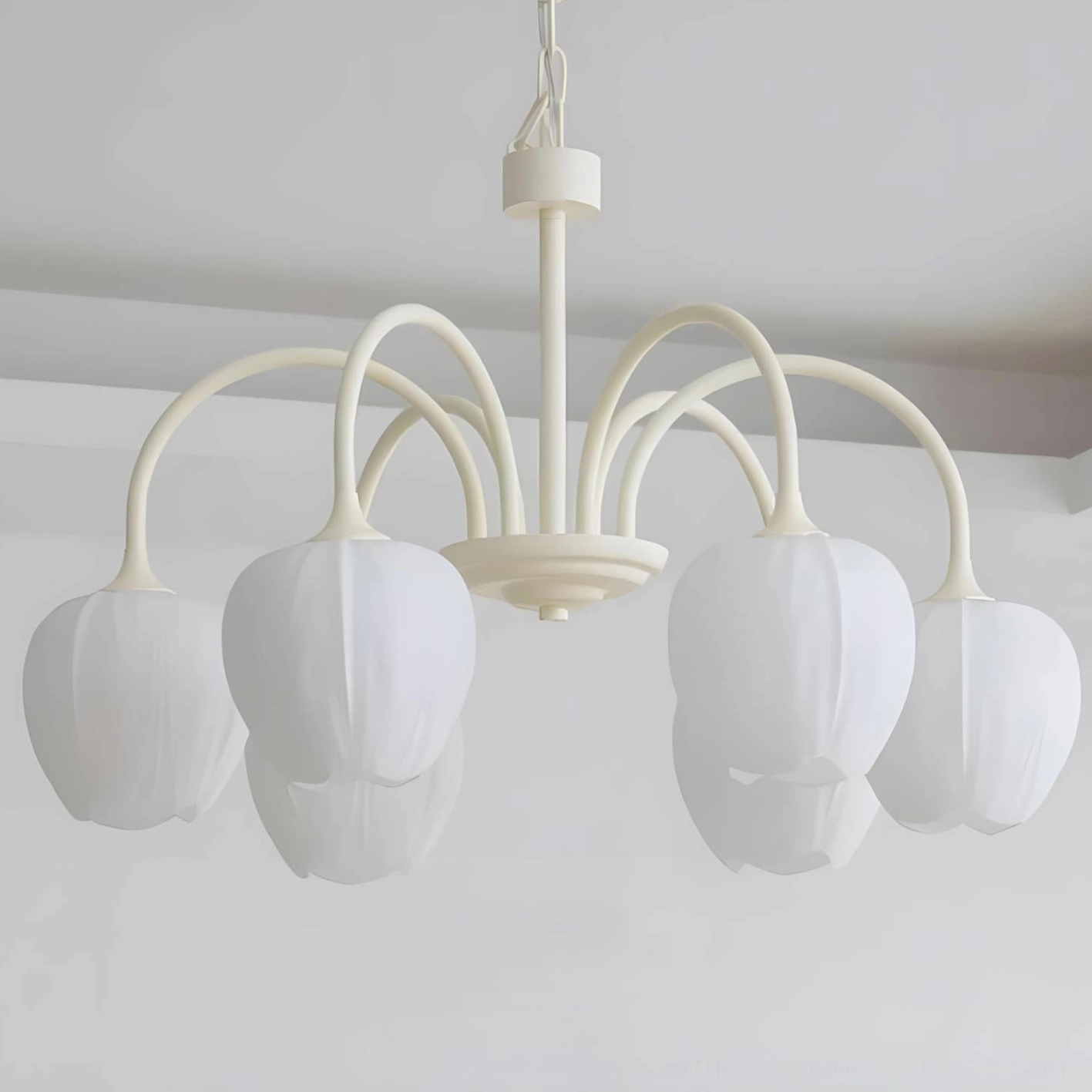 Cream white tulip chandelier in contemporary interior with soft botanical aesthetic