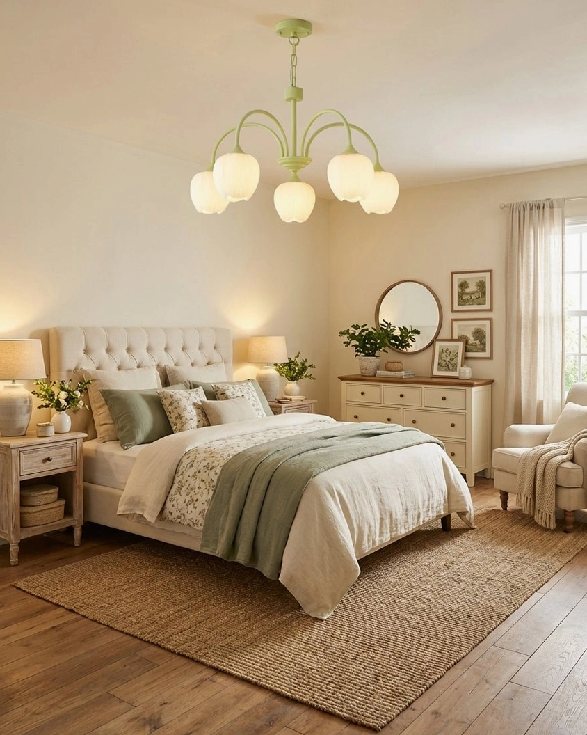 Cream white tulip pendant light with fluted glass shades architectural detail view