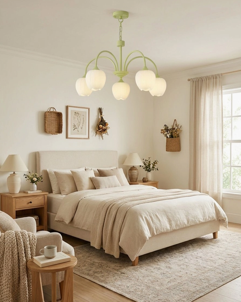 Tulip botanical chandelier close-up detail showing fluted glass shade design and metal frame construction