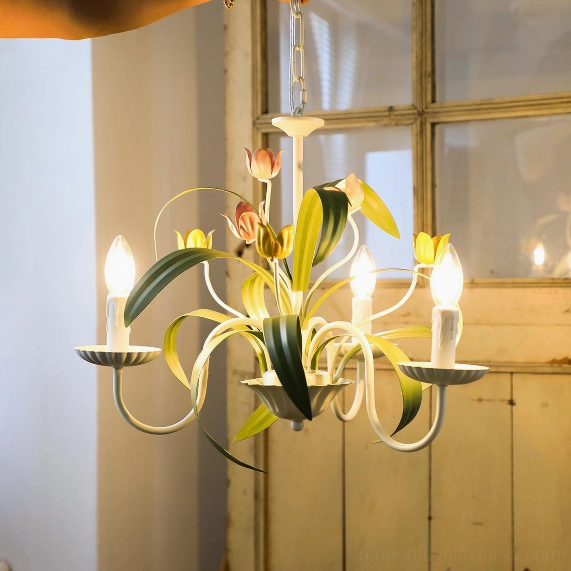 Tulip chandelier detail view hand-painted flower petals green foliage metal framework