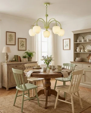 Modern tulip pendant light installed above round dining table in vintage wooden dining room
