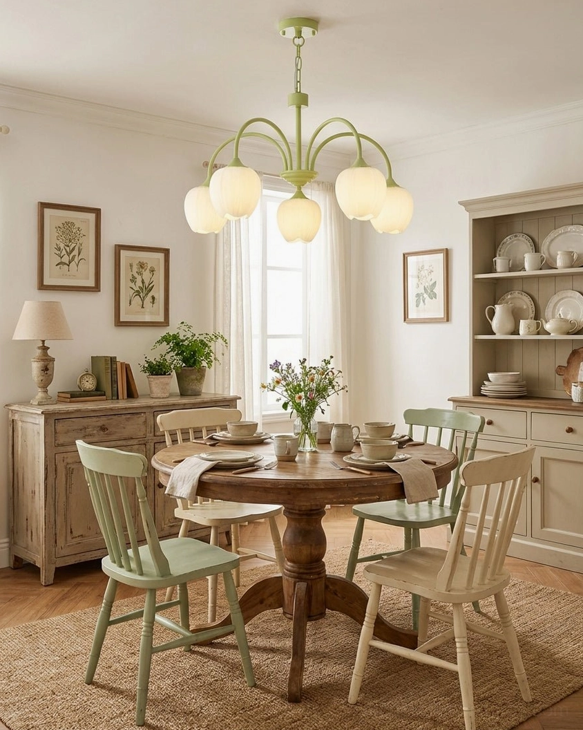 Modern tulip pendant light installed above round dining table in vintage wooden dining room