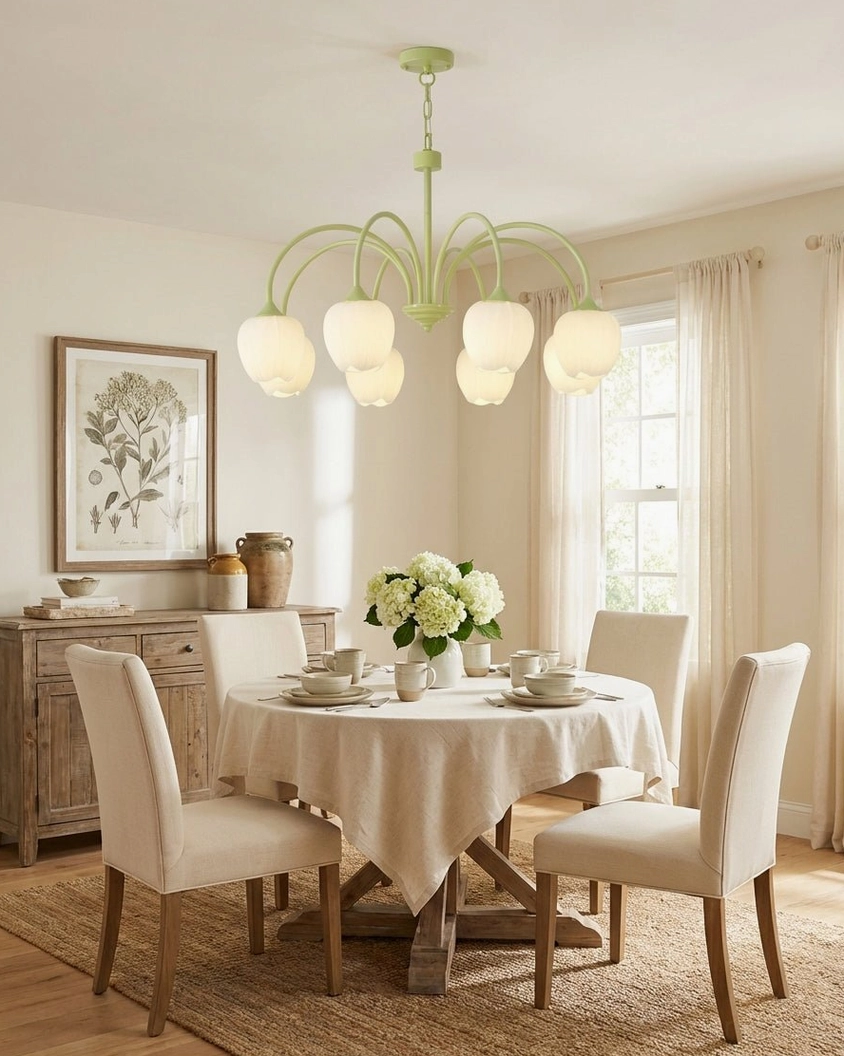 Modern fluted glass tulip chandelier in formal dining room with elegant neutral table setting