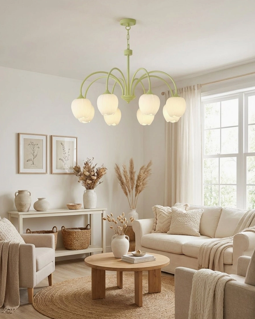 Modern tulip chandelier in farmhouse living room providing warm ambient lighting over sofa