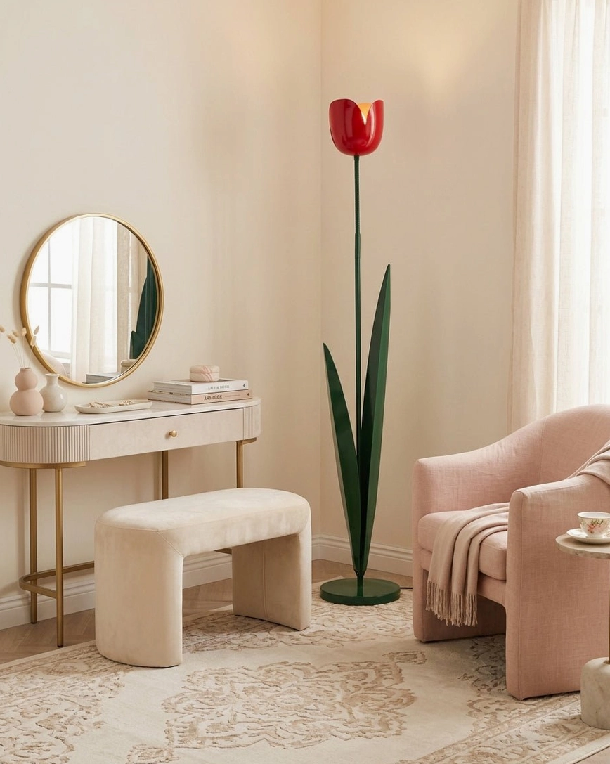 Tulip floor lamp in bedroom corner creating focal point with botanical aesthetic – painted iron floor light bedroom styling