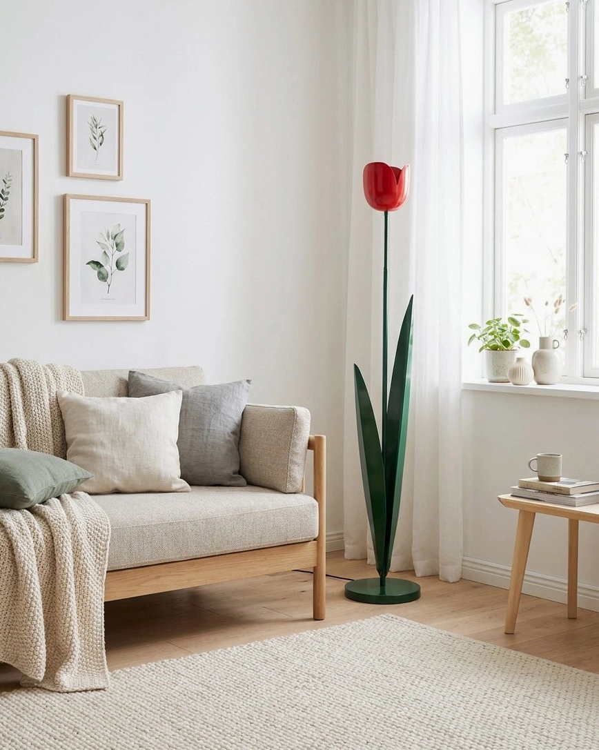 Tulip floor lamp with illuminated bloom casting soft ambient light – botanical floor light glow effect warm lighting