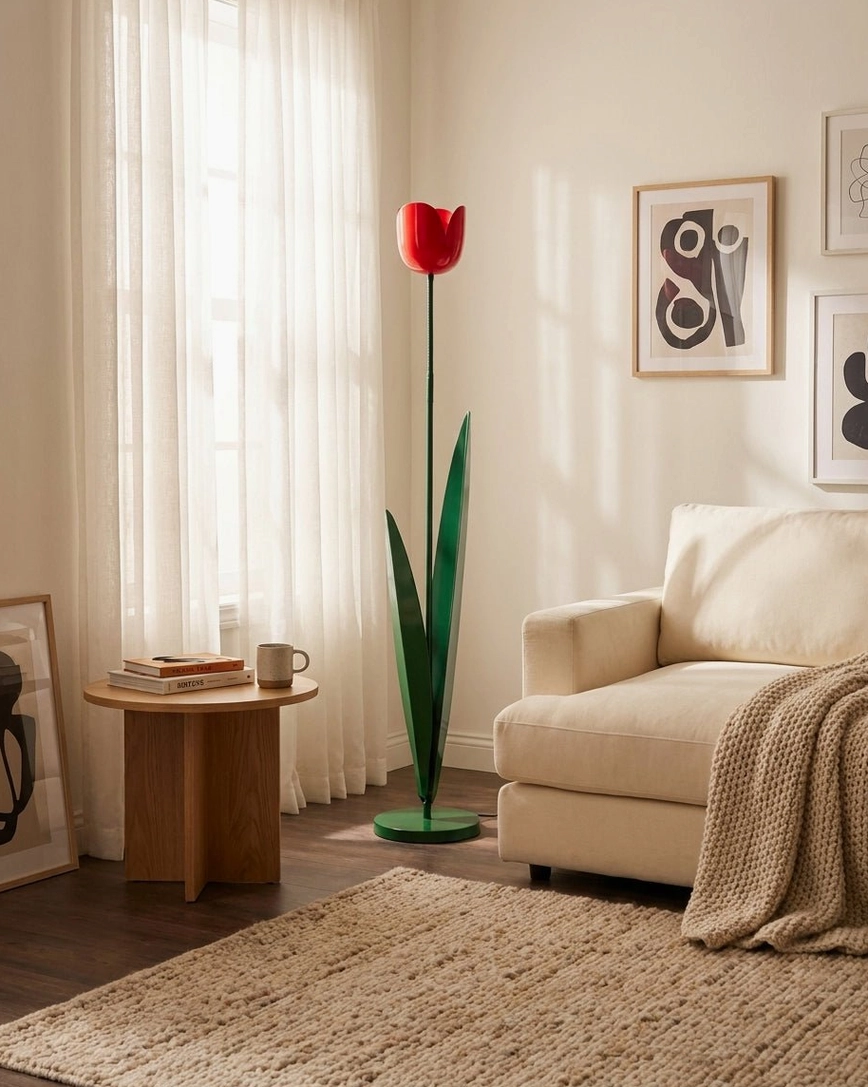 Tulip floor lamp side profile highlighting slim metal stem and botanical proportions – modern painted iron floor light silhouette