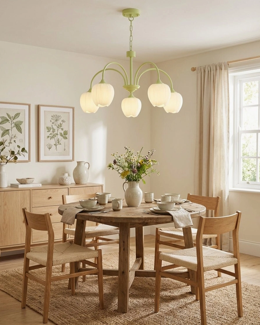 Fluted glass botanical pendant light in casual rustic dining room with light wood furniture