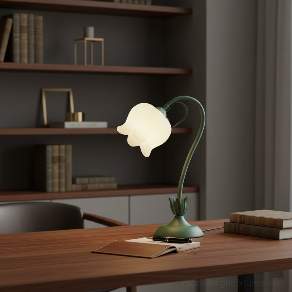 Twist tulip flower lamp positioned on decorative accent table with botanical styling